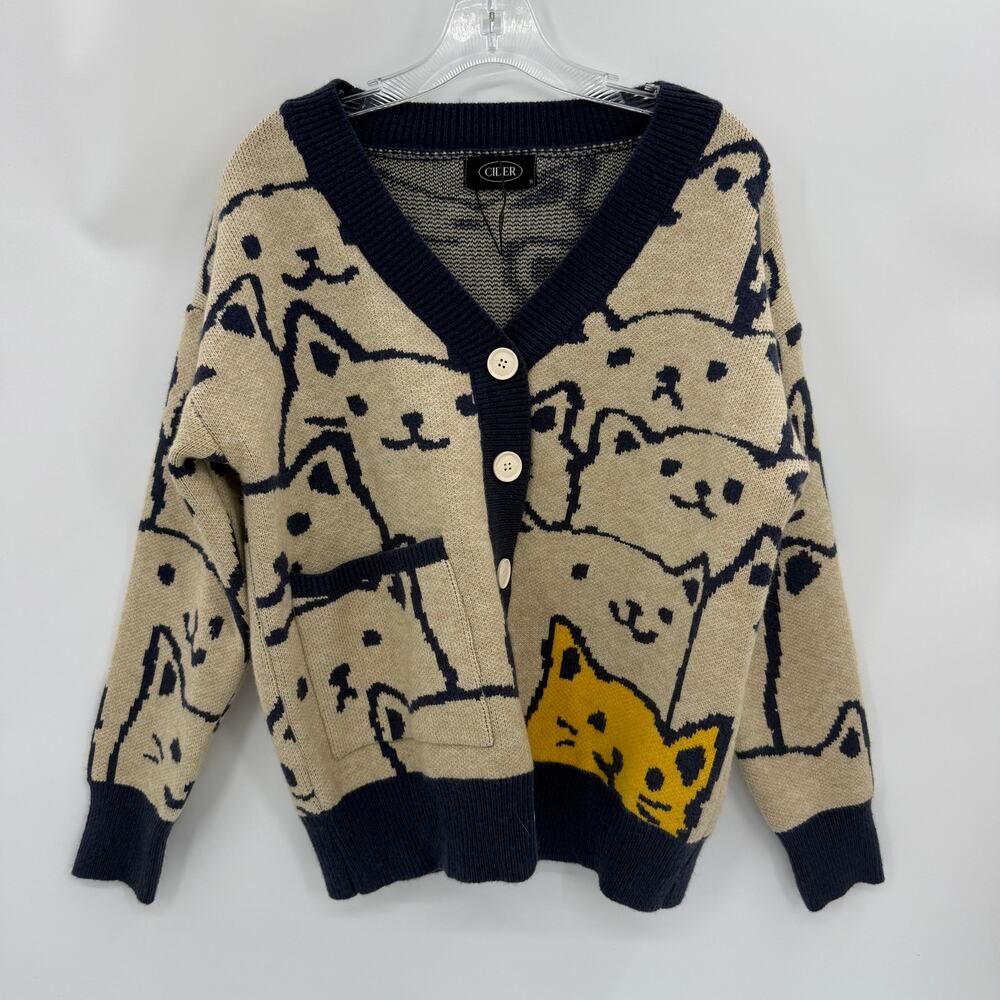 CIDER Cat Print V-Neck Grandpa Cardigan Size S Oversized Button Heavy Knit Twee